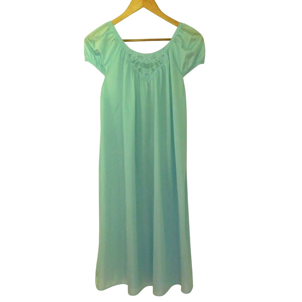 Vintage Lorraine Light Blue NIghtgown Nylon Lace Short Sleeve Size Medium